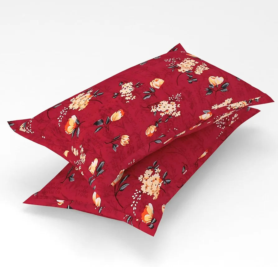 Homefab India 160 TC Glace Cotton Double BedSheet with 2 Pillow Covers Maroon Floral