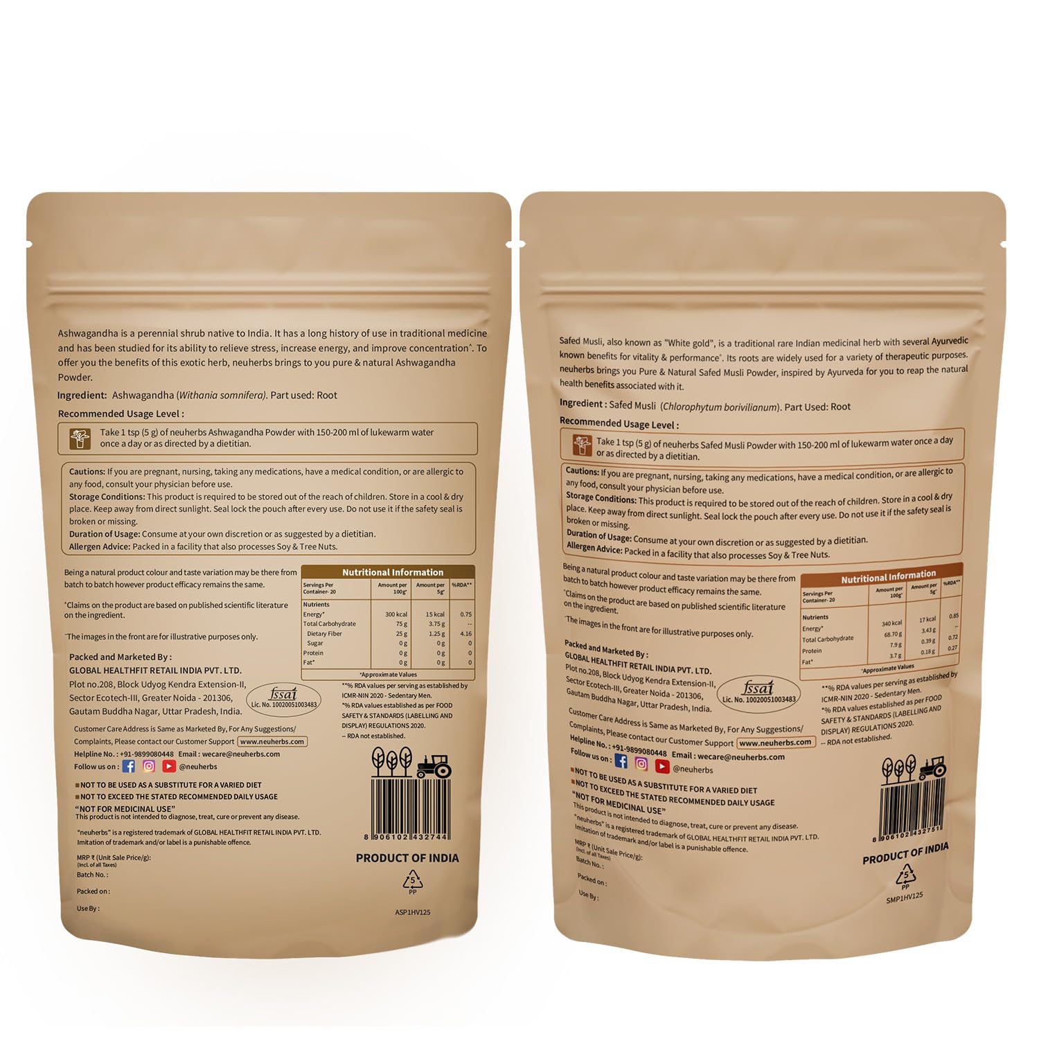 Neuherbs Organic Safed Musli + Ashwagandha Powder (200g) | Herbal Combo For Strength & Stamina Booster, Support for Stress, Mental Calmness & Anxiety Issues