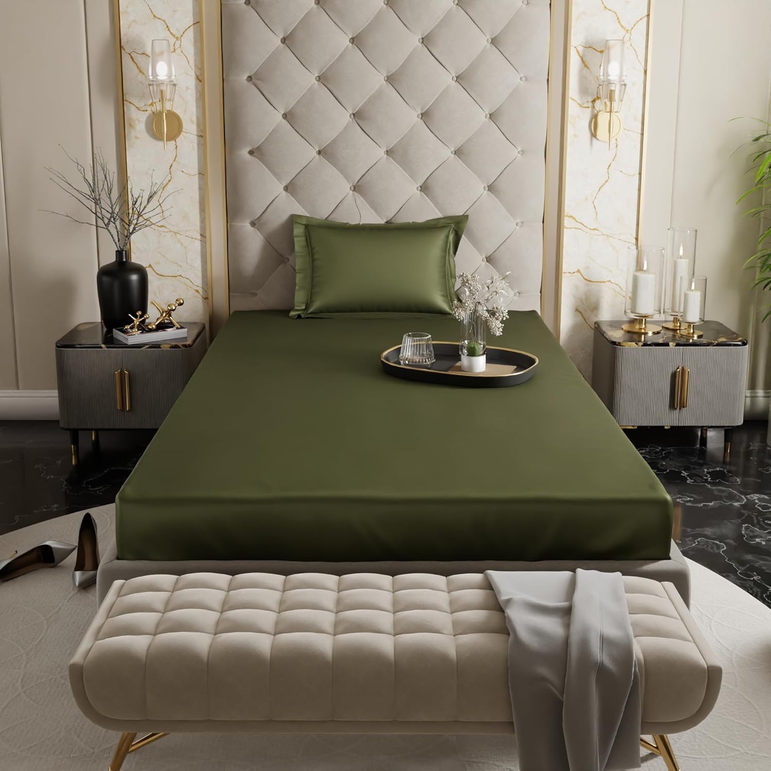 Stoa Paris Satin Elastic Fitted Bedsheets for Single Bed 300TC Premium 1 Pillow Cover Colour Olive Oasis