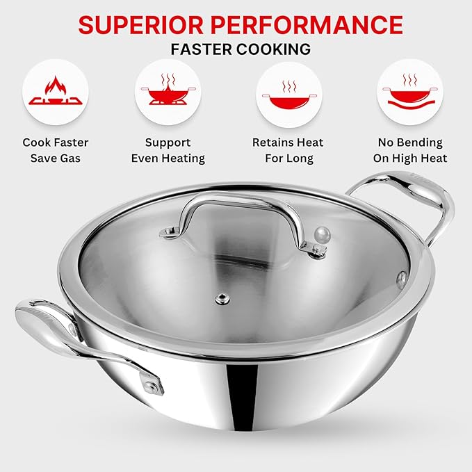 Vinod Platinum Triply Stainless Steel Extra Deep Kadai with Glass Lid 3.2 Litre (24 cm) | 2.5mm Thick | Kadai for Cooking