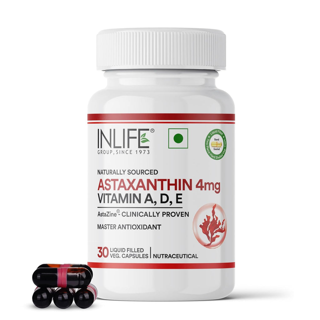 INLIFE Astaxanthin 4 mg Supplement AstaZine | Natural Antioxidant Supplement with Vitamin A, D3 & E â€“ High Absorption Formula â€“ 30 Liquid Filled Vegetarian Capsules
