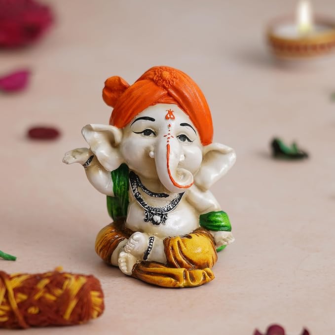Ecraftindia Orange Polyresin Handcrafted Dancing Lord Ganesha Idol While Sitting | God Idol