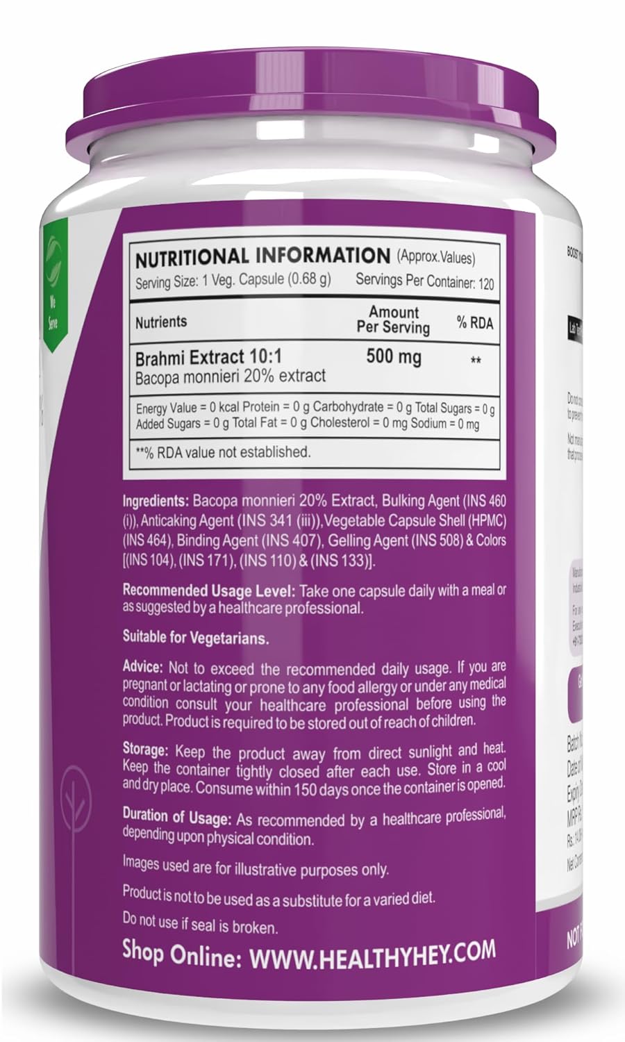 HealthyHey Nutrition Brahmi - Bacopa Monnieri Support Memory and Brain Health - 120 Veg Capsules