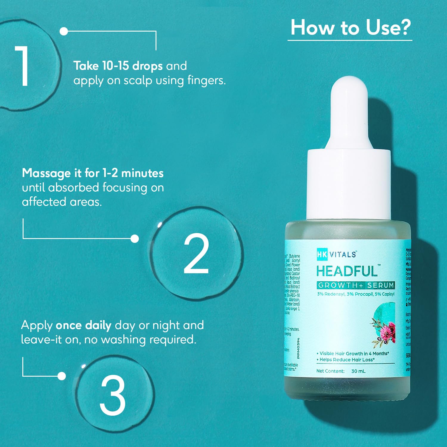 HK Vitals by HealthKart Headful Growth+ Serum with 3% Redensylâ„¢, 3% Procapilâ„¢, & 5% Capixylâ„¢ (30ml) | For Hair Growth & Hair Fall Control | Dermatologically Tested