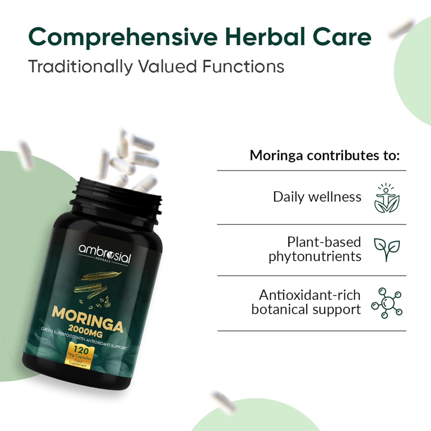 Ambrosial Moringa Capsules 2000mg | Moringa Leaf Extract | Plant-Based Herbal Supplement | Natural Wellness Support | 120 Vegan Capsules