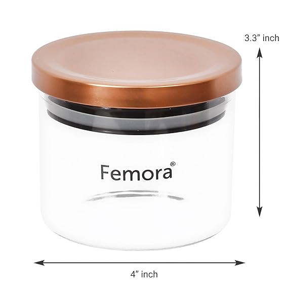 Femora Borosilicate Glass Jar With Golden Metallic Lid | Jars for Kitchen Storage | 300 Ml | Set of 2