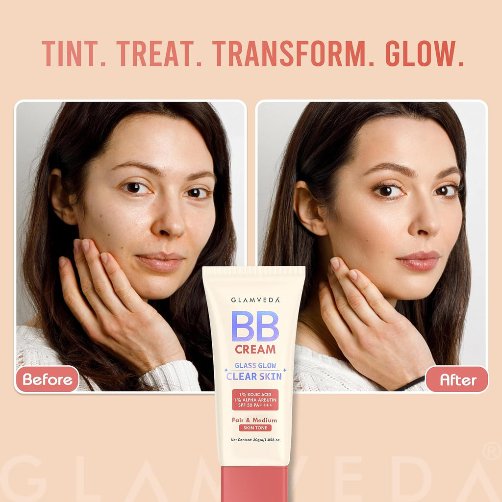 Glamveda BB Cream Lightweight Foundation | Fair & Medium Skin Tone BB Cream for Women With SPF 50++++ | Instant Spot Coverage | Light Make-up Glow | Non-Sticky & Waterproof | Colour Correction - 30g