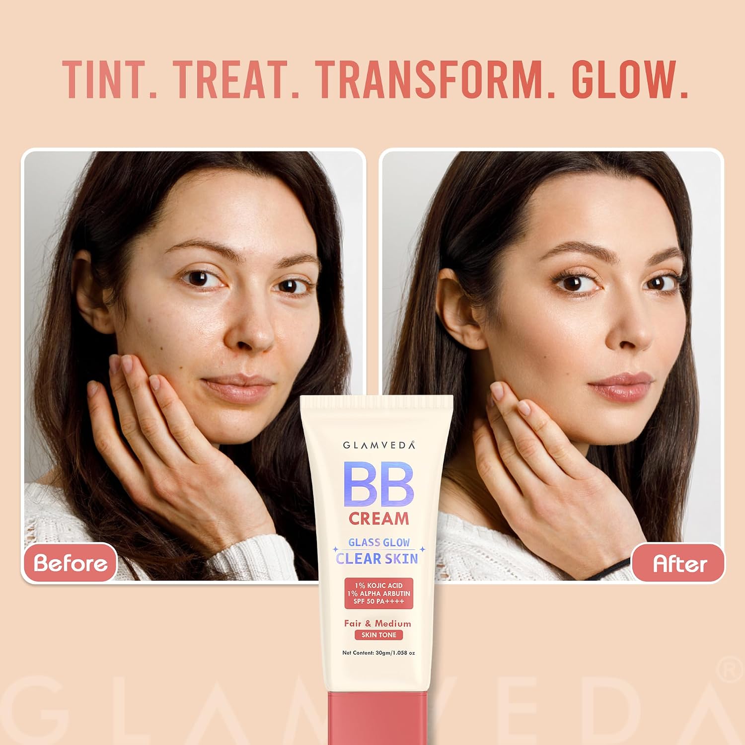 Glamveda BB Cream Lightweight Foundation | Fair & Medium Skin Tone BB Cream for Women With SPF 50++++ | Instant Spot Coverage | Light Make-up Glow | Non-Sticky & Waterproof | Colour Correction - 30g