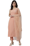 Janasya Women's Peach Poly Crepe Solid Kurta with Pant and Dupatta