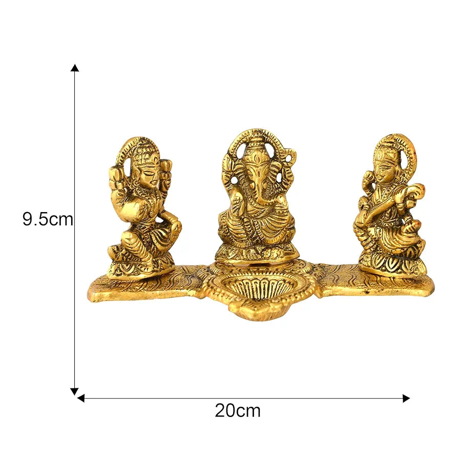 CraftVatika Laxmi Ganesh Saraswati Metal Murti Idol with Diya Showpiece Golden Pooja