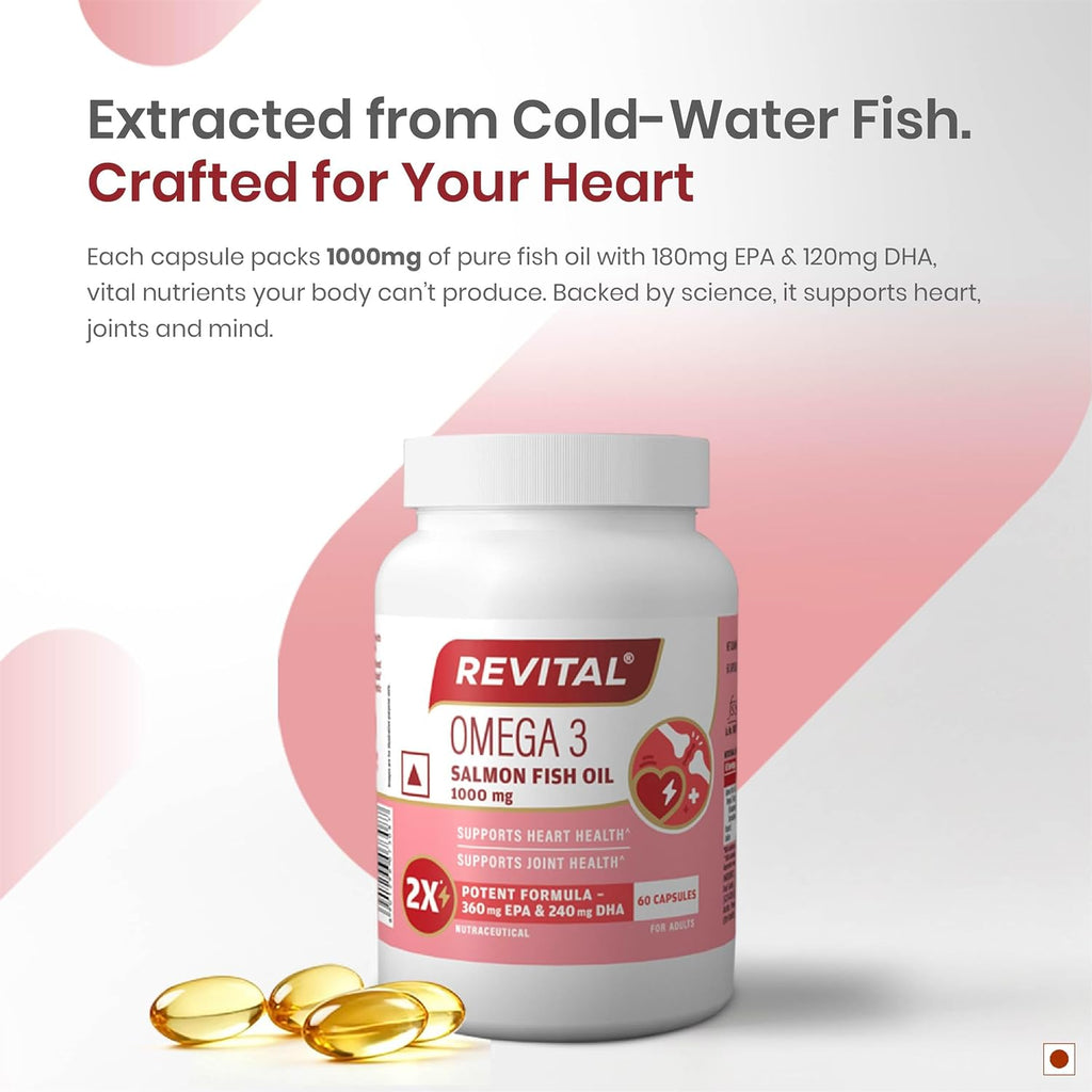 Revital Omega 3 Salmon Fish Oil 1000mg Capsules with EPA 180mg & DHA 120mg | Triglyceride Form | Supports Heart, Joint & Brain Health | Vitamin E Enriched | No Fishy Burps | 60 Capsules | Heavy Metal Tested