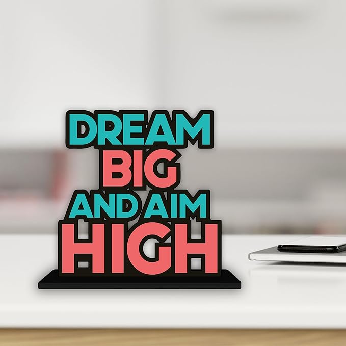 Artvibes Wooden Idols and Figurine Dream Big and Aim High Motivational Quotes Table Decor for Office Desk Showpiece