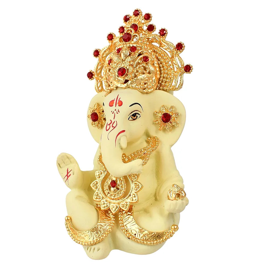 CraftVatika Ganesh Idol Murti Statue for Car Dashboard Ceramic Terracotta Gold Plated Cream