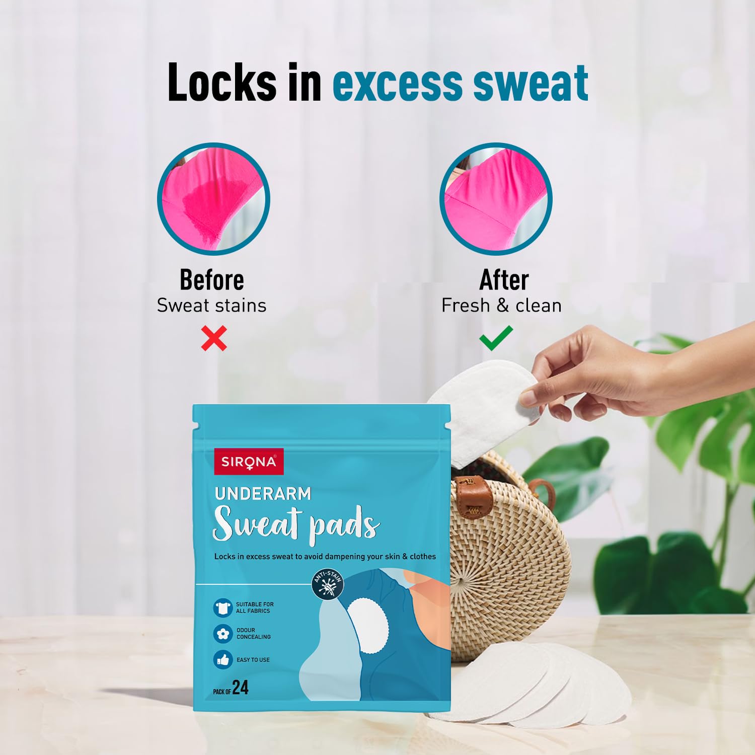 Sirona Disposable Underarm Sweat Pads for Men and Women, 24 Pads | Peel-off | Prevents Stains & Unpleasant Odour | Quick sweat absoption