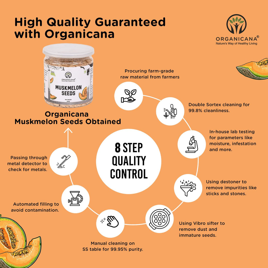 Organicana Natural Muskmelon Seeds (Pack of 1) | Kharbooj Magaj | Kharbhuja Beej for Eating | High in Protein, Potassium, Magnesium & Iron | Immunity Booster Superfood | Healthy Snack, Topping and Cooking Use