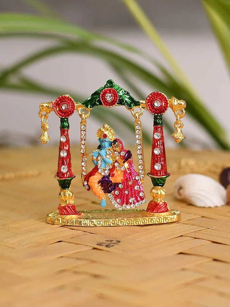Collectible India Radha Krishna Idol on Jhula Metal Statue for Car Dashboard