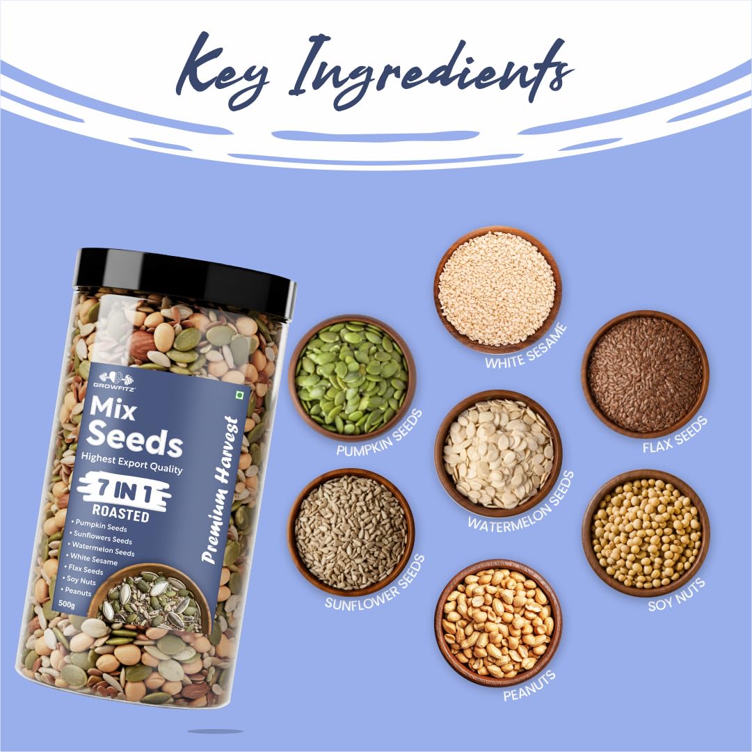 Growfitz Premium Harvest 7-in-1 Seed Mix, 500 Gram | High Protein 24.4g & Fiber | Roasted Pumpkin, Sunflower, Watermelon, Flax, Soy Nuts, Peanuts & White Sesame | Export Quality Superfood
