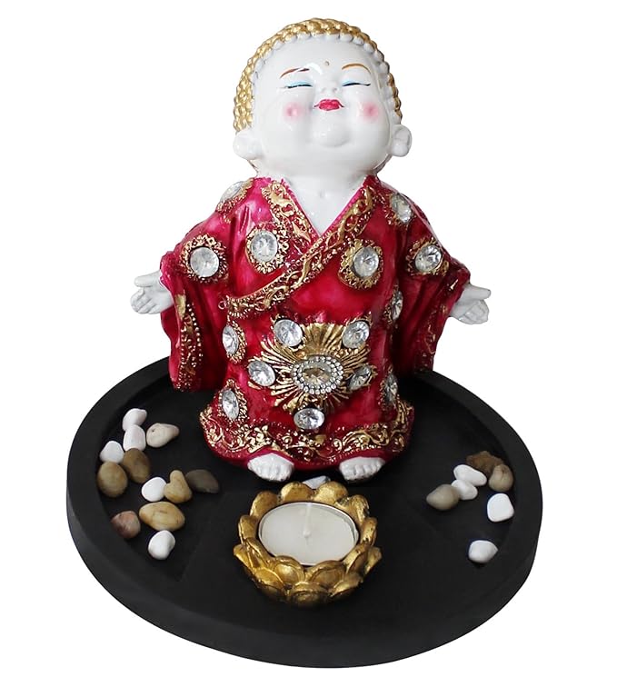 Tied Ribbons Buddha Statue with Tealight,Stones and Wooden Tray Home Living Room
