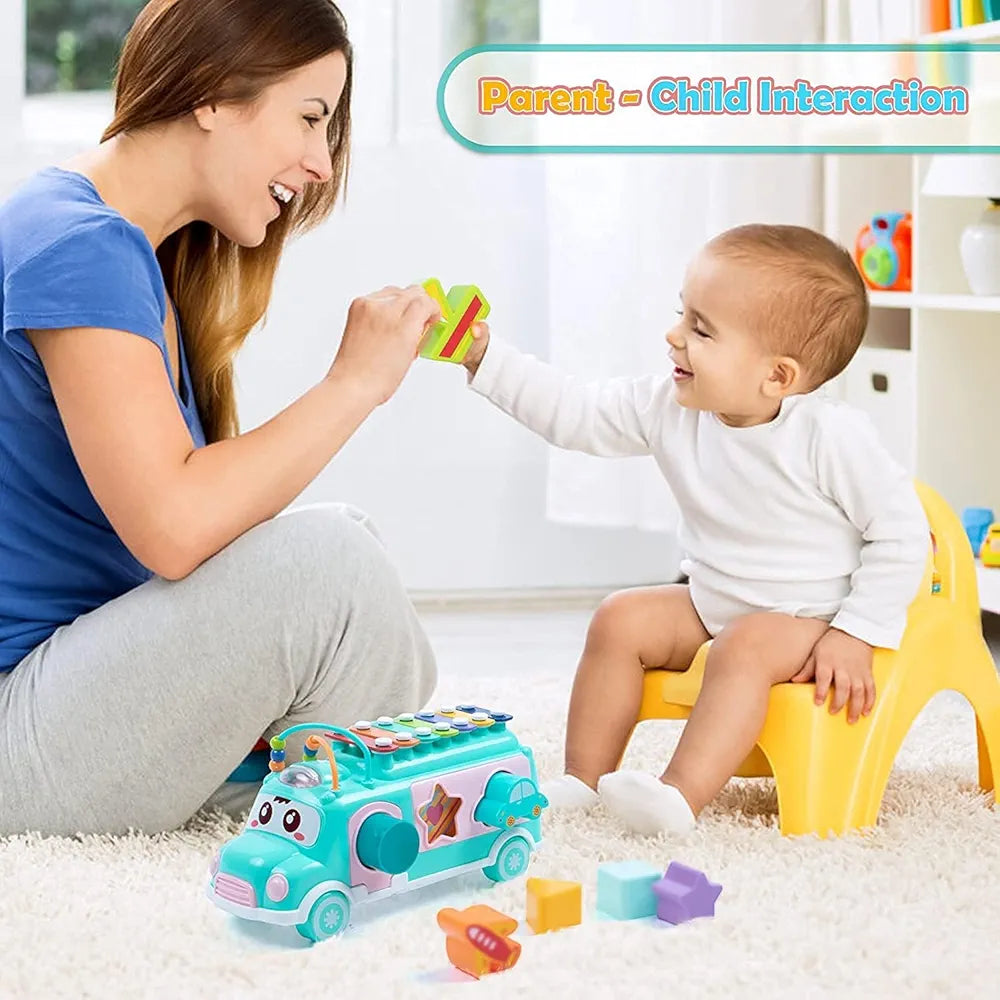 Lefan Plastic Musical Happy Bus Toy Baby Toys 6-18 Months with Xylophone & Shape Sorter Push & Pull Educational and Learning Toys for 1 2 3 4 5 Year Old Gift for Toddlers-Blue