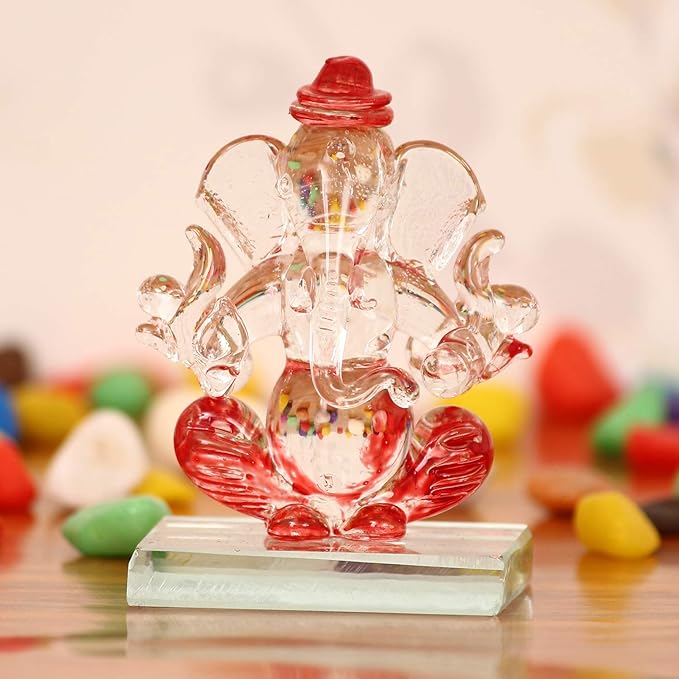 Ecraftindia Red and Transparent Double Sided Crystal Car Ganesha Showpiece