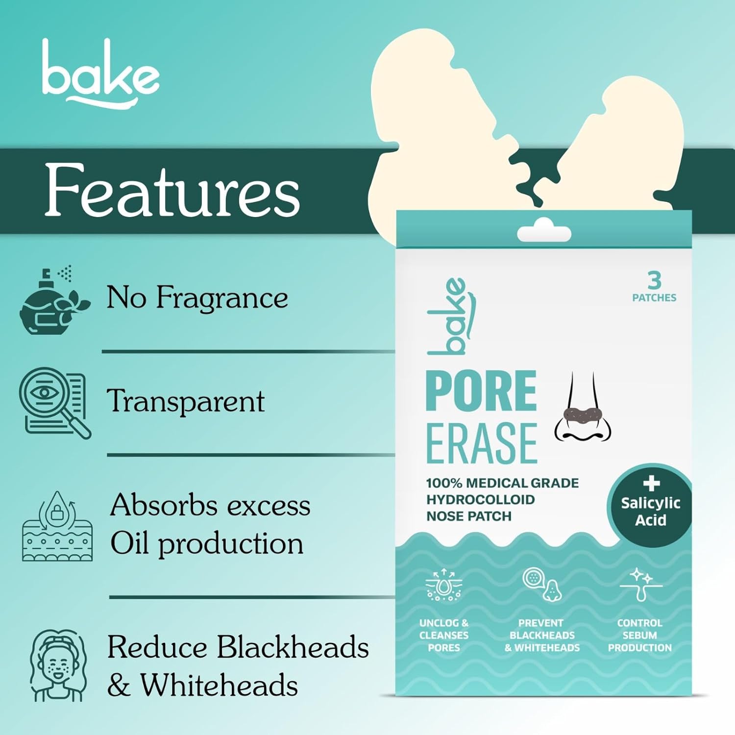 BAKE 2% Salicylic Acid Nose Strips for Pore Cleansing & Blackheads Removal | Hydrocolloid Nose Strips for Control Sebum Production