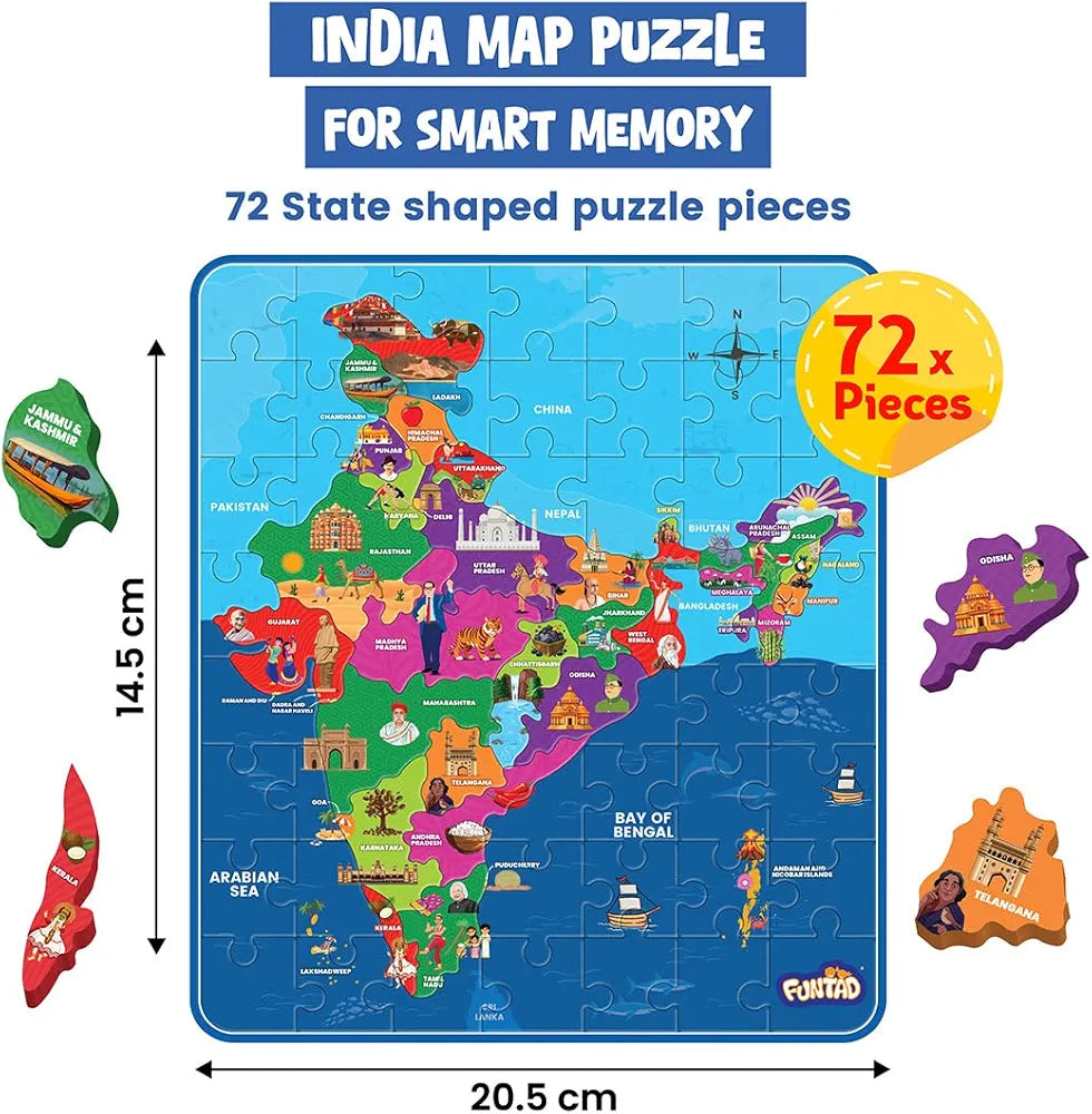 Funtad Roll N Seek India Map Educational Board Game & Puzzle Learn Indian Sate Capital and Interesting Facts State Shaped Puzzle for Boys & Girls Age 6-12 yrs