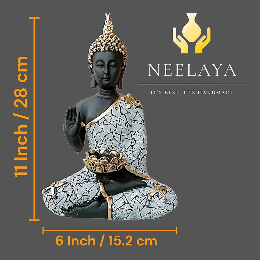 Neelaya Meditating Buddha Statue With Tealight Holder Polyresin Showpiece 28 Cm Black Grey