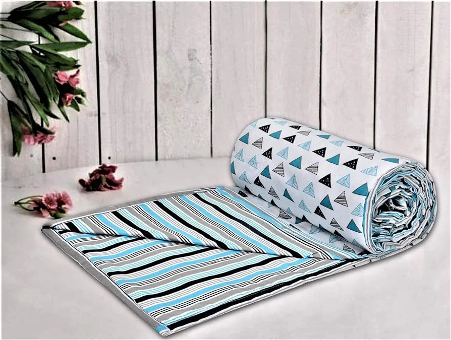 Trance Home Linen Pure Malmal Cotton Multipurpose Baby Dohar 3-Layered Baby Swaddle Blanket Colour Blue Black Triangles