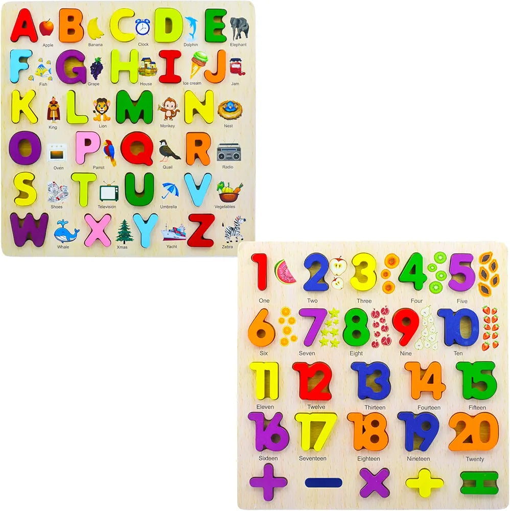 Wishkey 3D Wooden Capital Alphabet & Number Board Puzzles with Pictures,Set of 2 Montessori Educational Learning Letters Toy