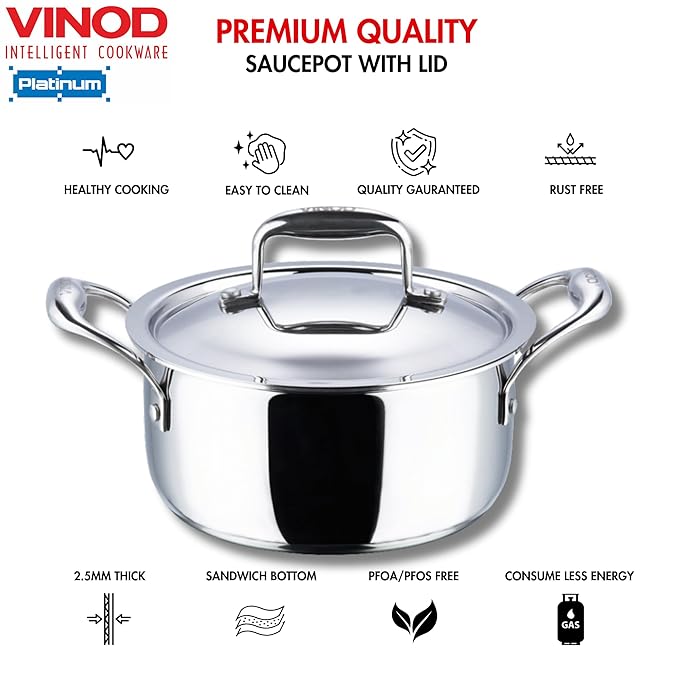 Vinod Platinum Triply Stainless Steel Saucepot with Lid - 8 Litre, 30 cm | 2.5mm Thick | SAS Bottom | Biryani Pot