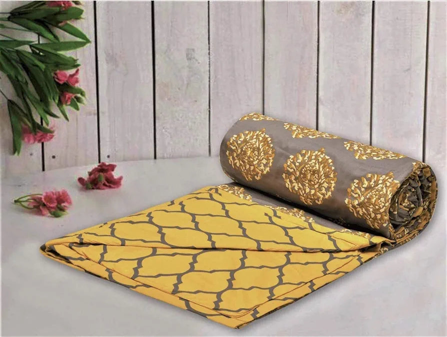 Trance Home Linen Pure Cotton Reversible Dohar Toddler Size Ac Quilt for Babies Colour Damask Mustard