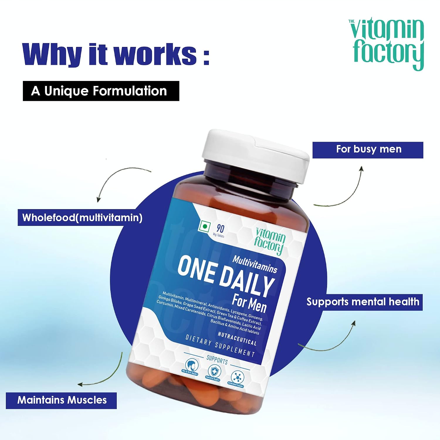 The Vitamin Factory Multivitamin For Men | Multimineral, Ginseng, Grape Seed Extract| Enhances Energy, Stamina, Boost Immunity- 90 Vegetable Tablet