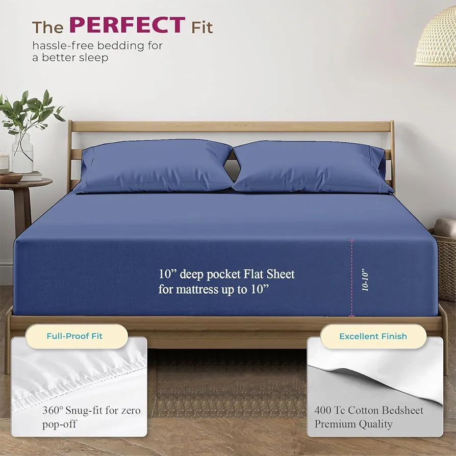 Trance Home Linen 100% Cotton 78x60 inch Queen Elastic Fitted Bedsheet 400TC Premium Queen Double Bed Size Plain with 2 pillow covers Colour Mediterranean Blue