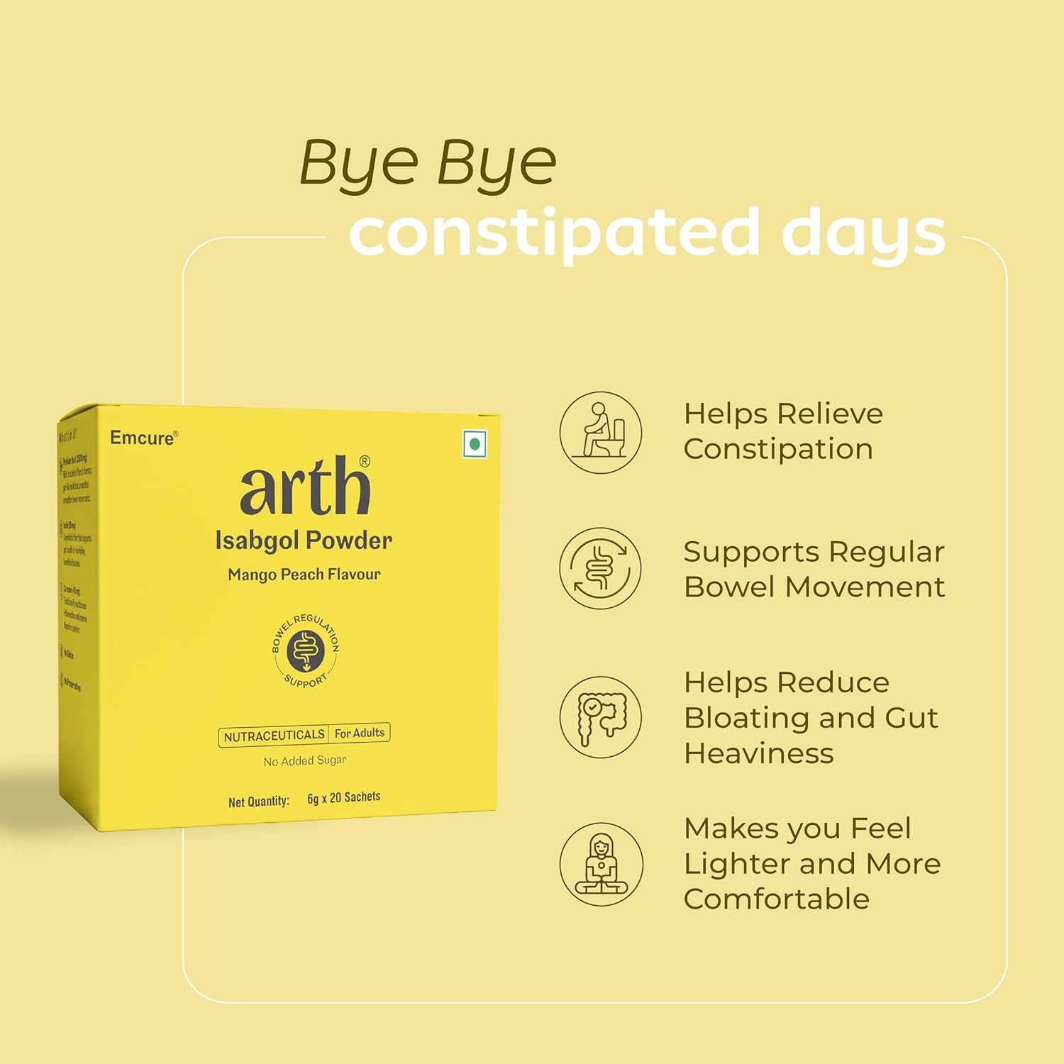 Arth Isabgol Powder | Psyllium Husk with Inulin & Curcumin | Fiber for Constipation relief & Bloating | Mango Peach Flavour | 6g x 20 Sachets