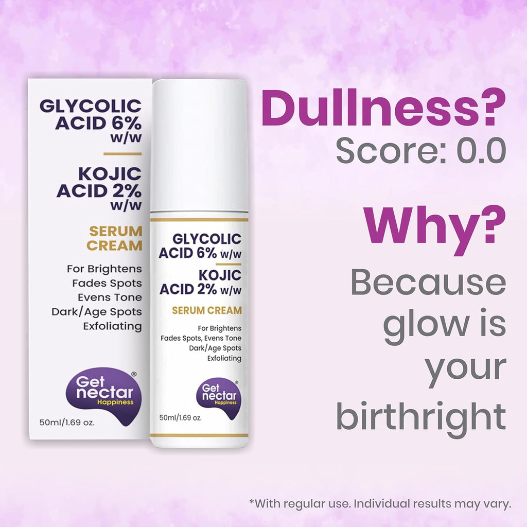 Get Nectar Happiness 6% Glycolic & 2% Kojic Acid Serum Cream Helps Reduce Pigmentation, Acne Scars, Dark, Age Spots, Blemishes & Uneven Skin Tone. Promotes a Brighter, Smoother-Looking Complexion 50ml