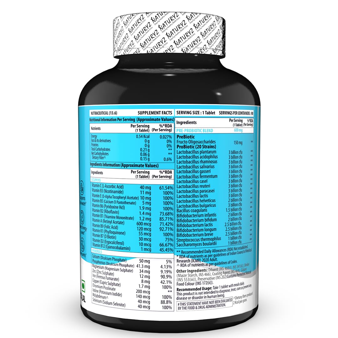 NATURYZ Highest Strength Daily Multivitamin with 50 Billion CFU Pre-Probiotics | Goodness of 2 Supplements in 1 | 44 Nutrients | Vitamins & Minerals Supports Gut Health, Immunity & Boosts Energy - 90 Tablets