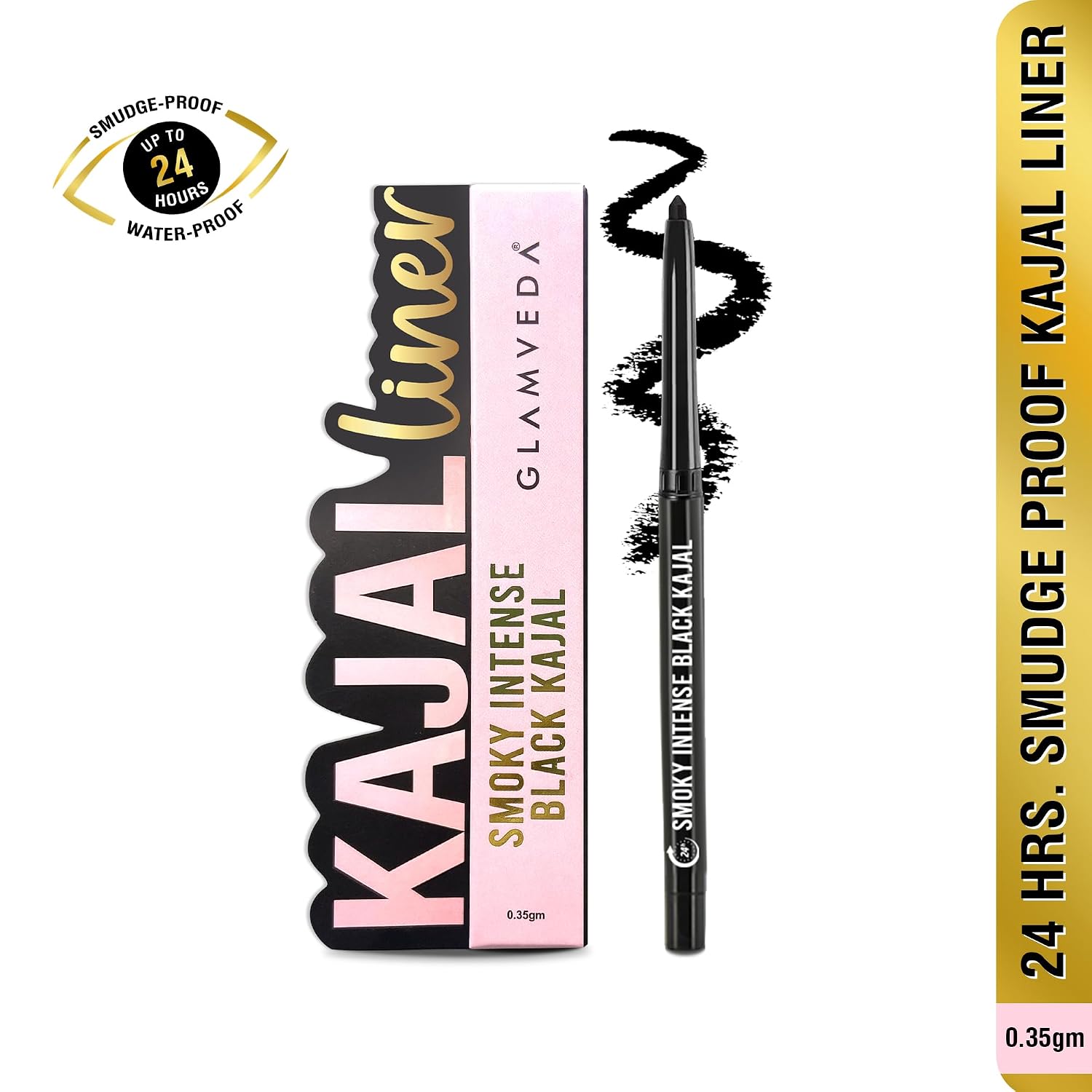 GLAMVEDA Pencil Smoky Intense Black Kajal - 0.35g | 24-Hour Long Stay One-Stroke Smooth Application Waterproof, Smudgeproof & Sweatproof| Rich Pigment | Suitable for Sensitive Eye 1 count (Pack of 1)
