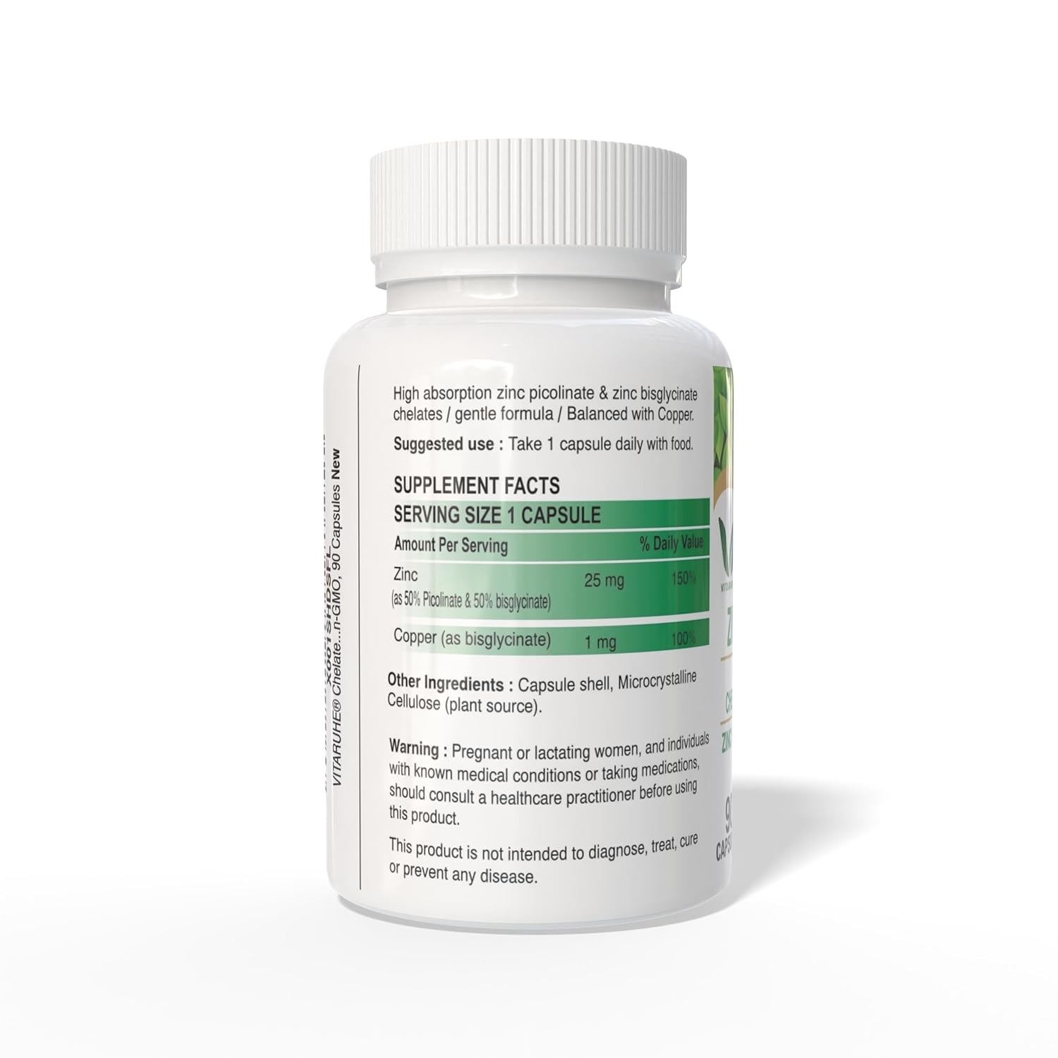 VITARUHEÂ® Chelated Zinc Picolinate & Bisglycinate Complex with Copper, Zinc for Immune, Skin and Cellular Health, High Absorption, Non-GMO, 90 Capsules