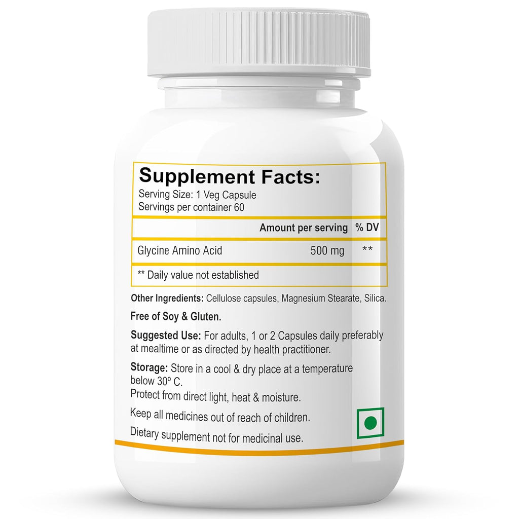 Biotrex Nutraceuticals Glycine Amino Acid 500mg | Support Muscle, Brain and Sleep Health | Better Immune System, Metabolic & Digestive Health | Lab Tested | 60 Veg Capsules