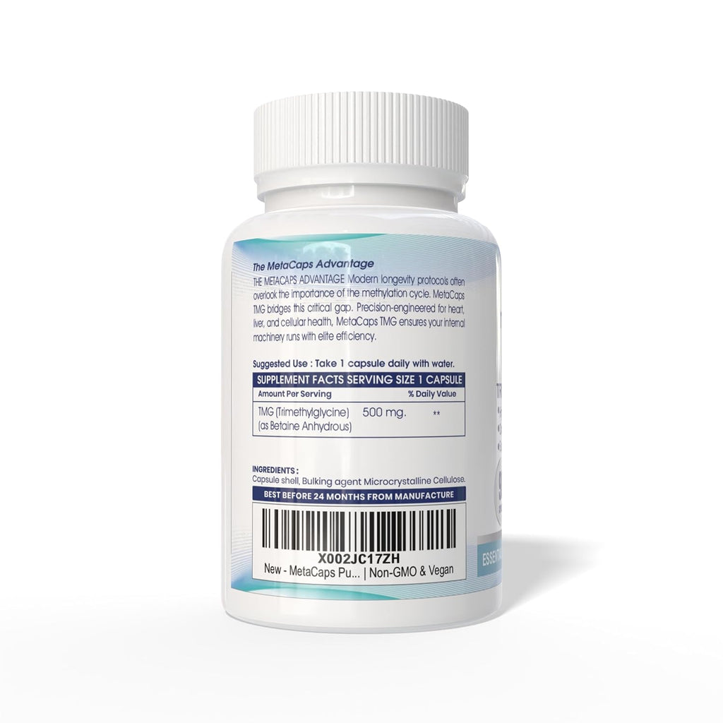 MetaCaps Pure Trimethylglycine (TMG) 500mg – 90 Veg Capsules | Premium Betaine Anhydrous | Vital Methyl Donor for Homocysteine Balance & Heart Health | Supports Liver Function & Cellular Energy | Non-GMO & Vegan