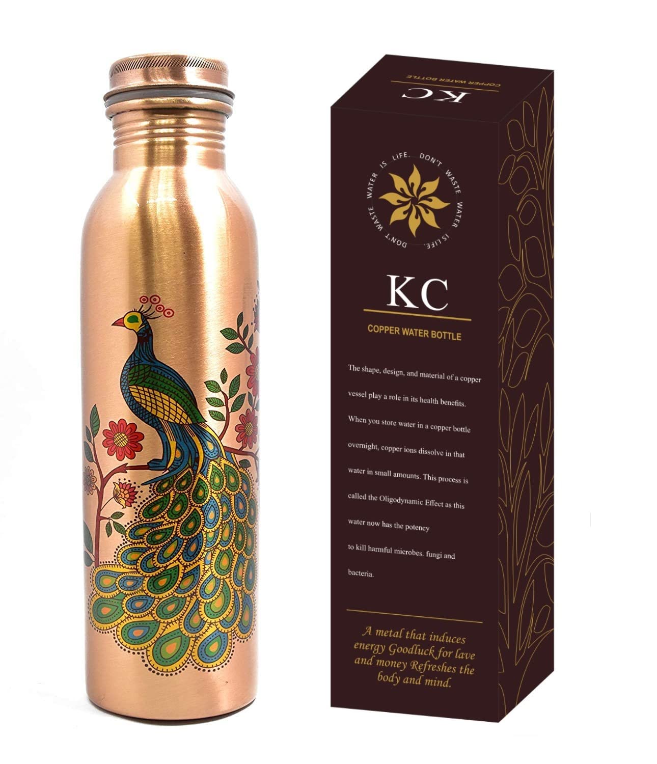 KC Pure Copper Peacock Designer Water Bottle with Advanced Leak Proof Protection, Ayurveda and Yoga Health Benefits. (1000ml, 1Unit, Pack of 1)
