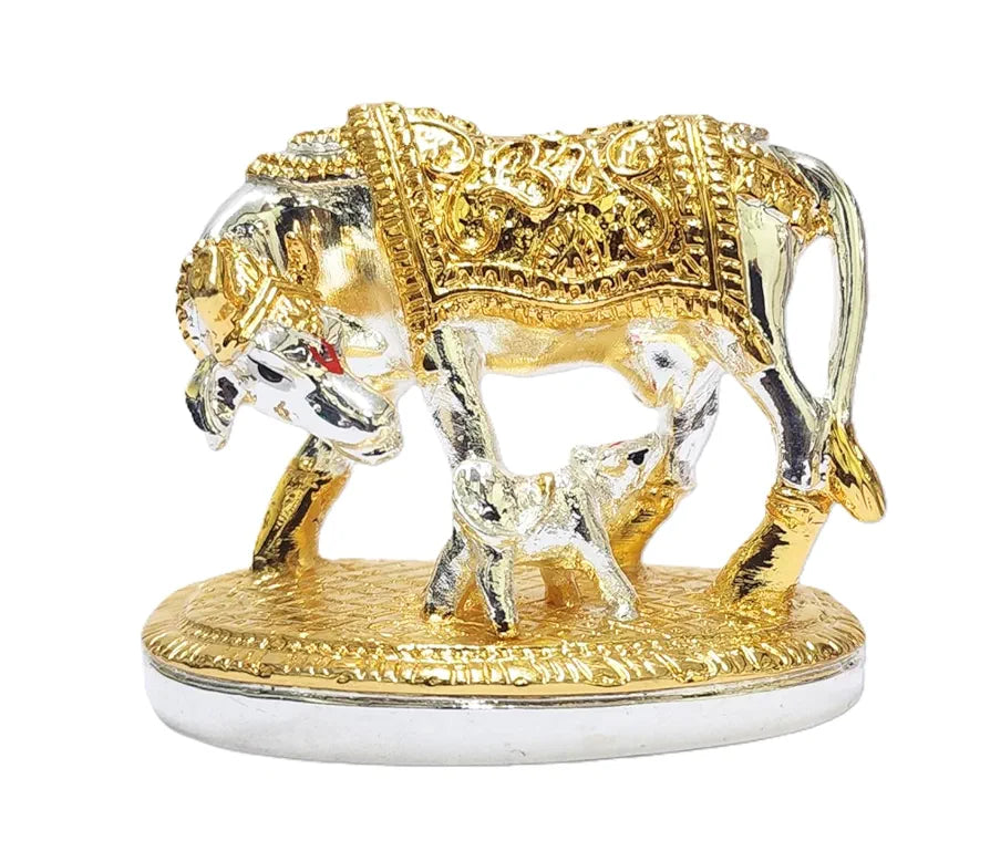 Gold Art India Om Kamdhenu Cow with Calf Idol  Gold Silver Plated