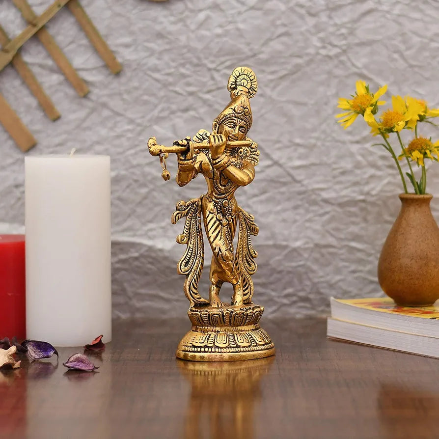 Collectible India Lord Krishna Idol Statue Krishna Idols Gold Plated Flute Playing Krishan