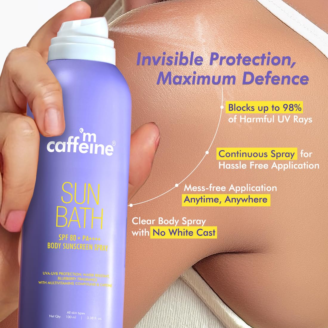mCaffeine Sun Bath SPF 80+ PA ++++ Body Sunscreen Spray | High UV Protection | Invisible, Non-Greasy, 180 Mins Water/Sweat Resistant Cooling Spray| For All Skin Types | Blueberry Fragrance -100ml