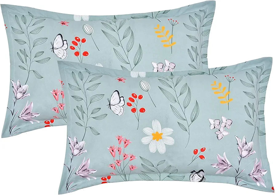 The Home Style Cotton Feel Glace Cotton Elastic Fitted Printed Double Bed King Size Bedsheet With 2 Pillow Cover,300 TC,Green Pastel Hydrangea Bloom