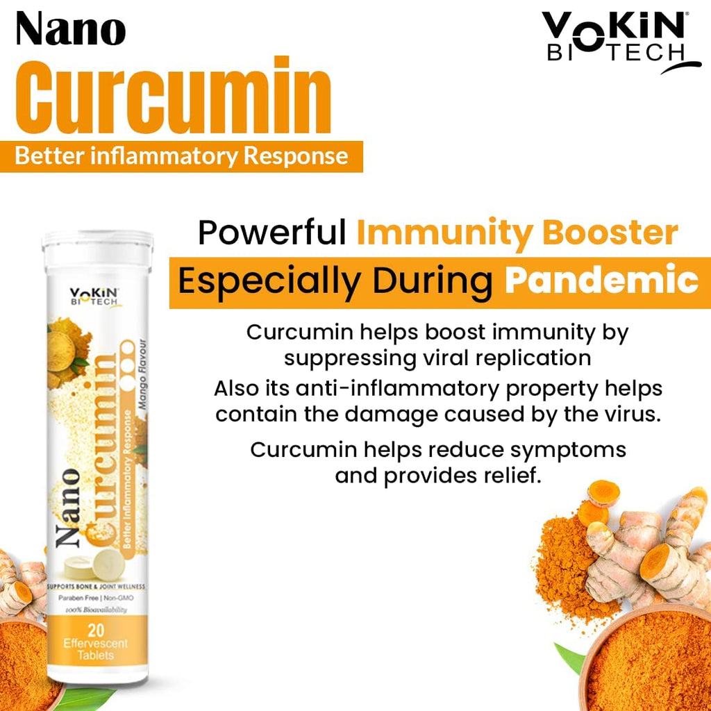 Vokin Biotech India's First Nano Curcumin Support Bone and Joint wellness Mango Flavour 20 Effervescent Tablets