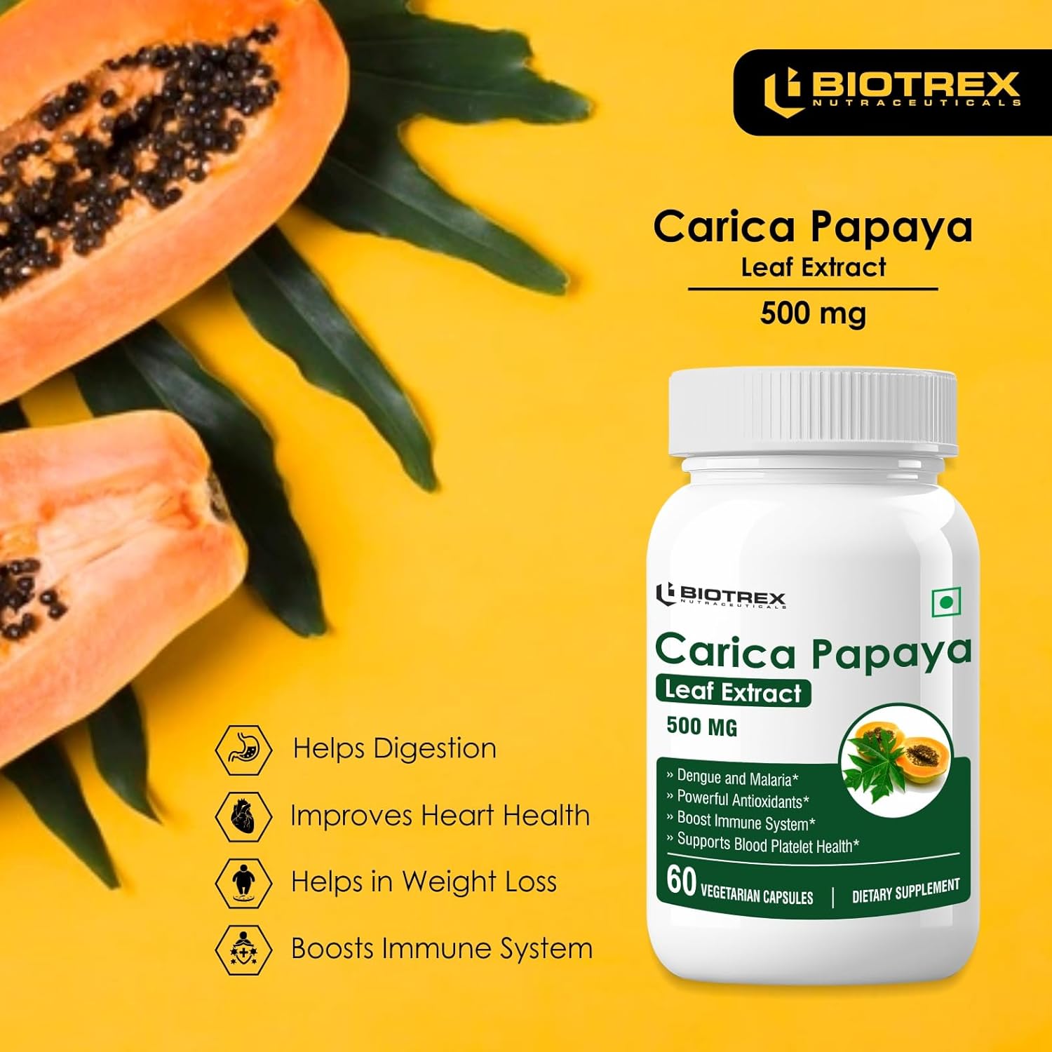 Biotrex Nutraceuticals Carica Papaya Leaf Extract 500mg - 60 Capsules