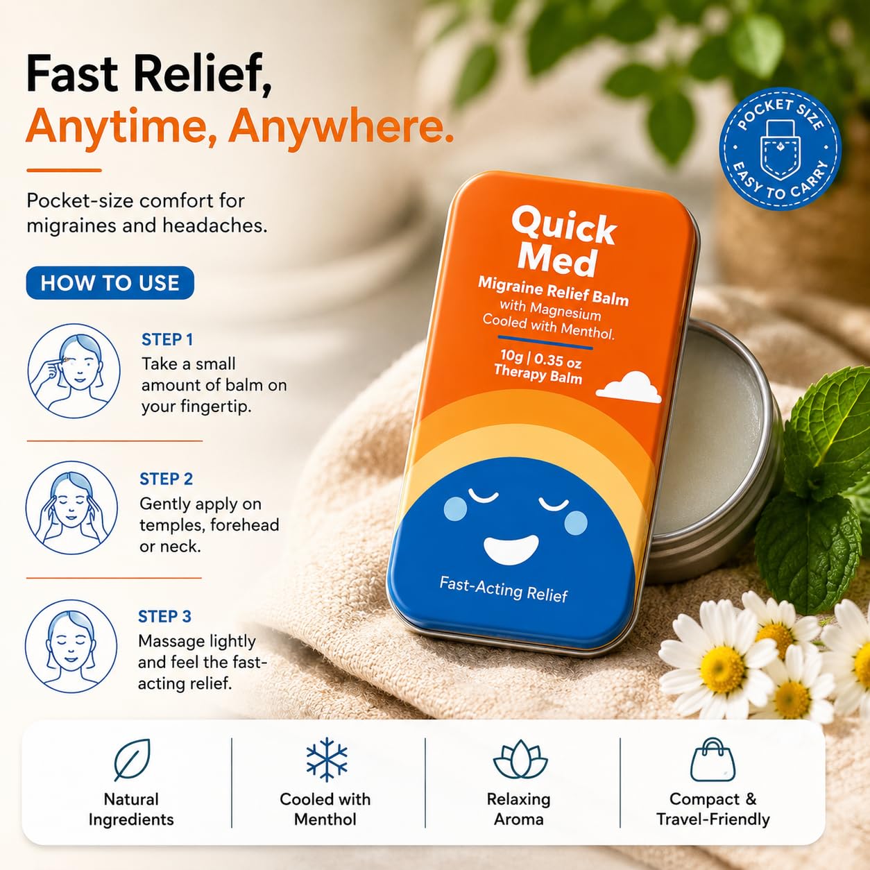 Quick Med Migraine Relief Balm 10g – Fast Relief in Just 2 Minutes | Cooling Menthol Formula | Pocket-Size Therapy Balm