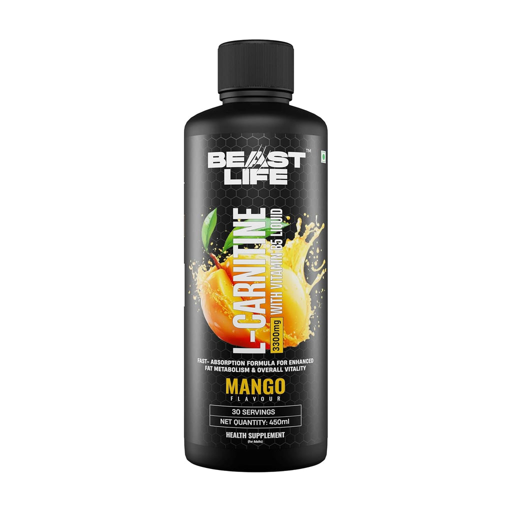 BeastLife L-Carnitine Liquid | 3300mg (Mango Flavor, 450 ml, 30 Servings) Converts Fat to Energy | Triple Strength Formula | Supports Weight Loss | With Vitamin B5 | No Added Sugar