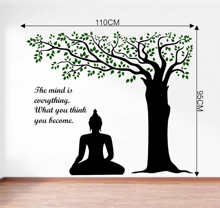 Rawpockets Decals Lord Buddha Under Tree and Quote on Mind Extra Large Size Wall Sticker